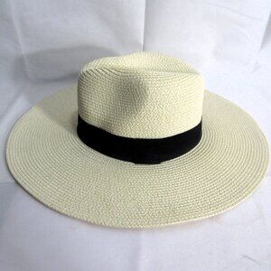 WOVEN STRAW WOMAN'S HAT, FLOPPY-ISH FEDORA Sz L  ADJUSTABLE BAND WHITE